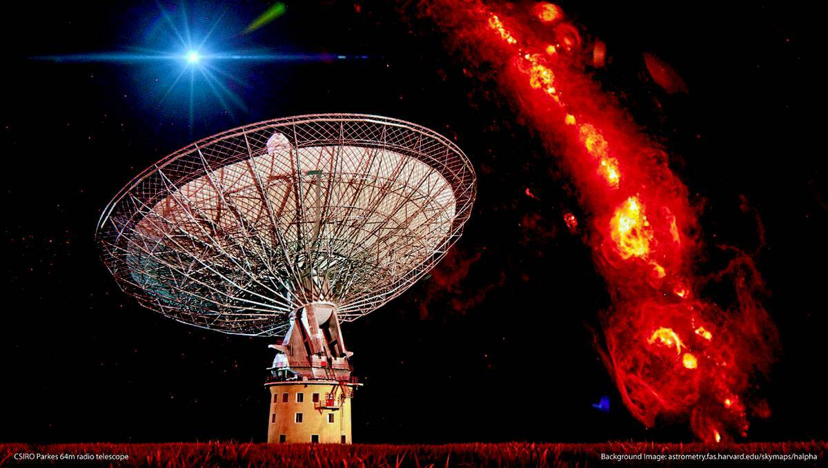 PARKES: CSIRO’s Parkes radio telescope has detected brief flashes of radio emission from the distant Universe. Their origin is unknown. The red background in the above image is gas in our galaxy. Credit: Swinburne Astronomy Productions, vr.swin.edu.au
