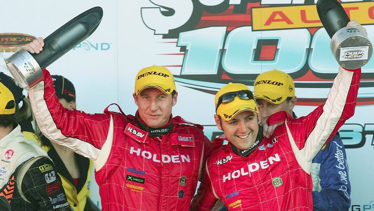 2005: Mark Skaife (L) and Todd Kelly of the Holden Racing Team celebrate winning the Bathurst 1000. Photo: Getty Images. 