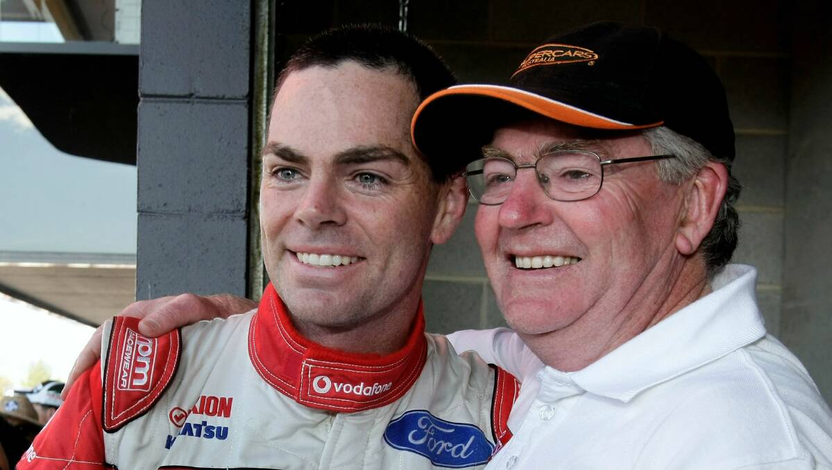 2008: Craig Lowndes of Team Vodafone is congratulated by his father Frank Lowndes after winning the Bathurst 1000. Photo: Getty Images. 