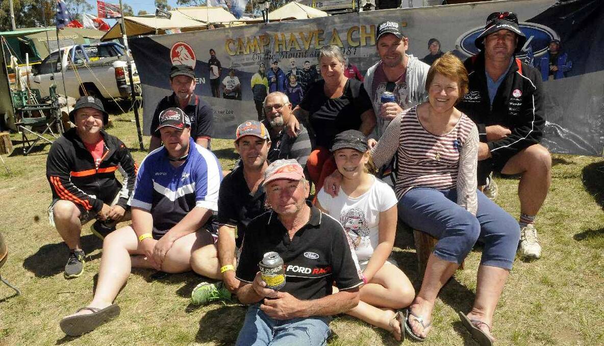 Enhoying camping on top of Mount Panorama this week are guests of Camp Haveachat including Graham Rowe, Ron and Robyn Frohling, Brendan Lee, Martin Smith, Norm Spaseski, Paul McLeish, Chris Randy, Bronte Lee, Marilyn Lee and Malcolm Lee. Photo: Phill Murray.  