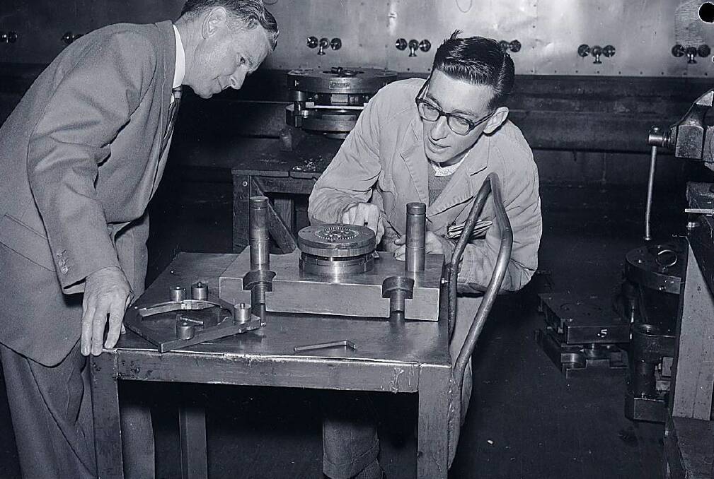 Monty Fabry and son Robert working at the Email factory, February 1962. Photo: CWD Negative Collection, Orange & District Historical Society.