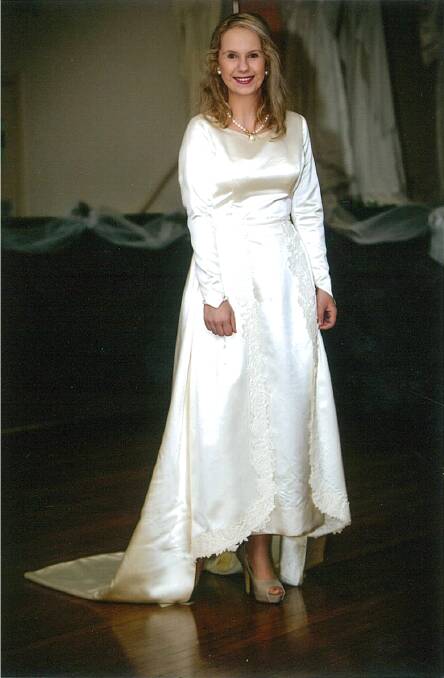 1967: Satin dress with a scooped neckline, and straight skirt. Elaine Egan wore this dress when she was married on August 5, 1967. the dress was worn by Ashleigh Fulton on the night.