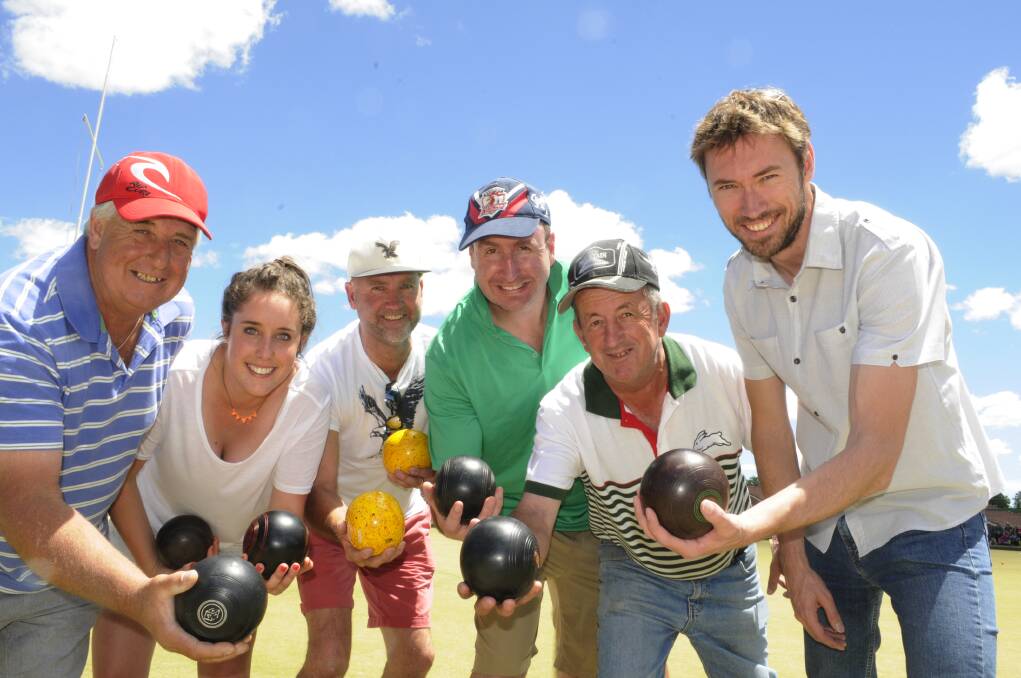 NOVEMBER: Mick Forde, Lucy Brennan and deputy mayor Ian North challenged Bathurst Real Estate’s Steve Ellery, Councillor Bobby Bourke and Ardin Beech to a grudge match at a charity bowls day. Photo: CHRIS SEABROOK 112413cbowls1