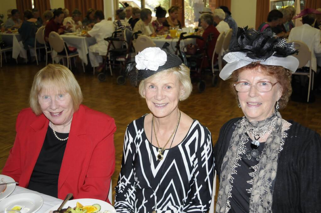 MELBOURNE CUP CELEBRATIONS: Macquarie Care Centre Auxiliary function, Jill Wainwright, Leonie Page and Pam White. PHOTOS: Chris Seabrook. 110513care5