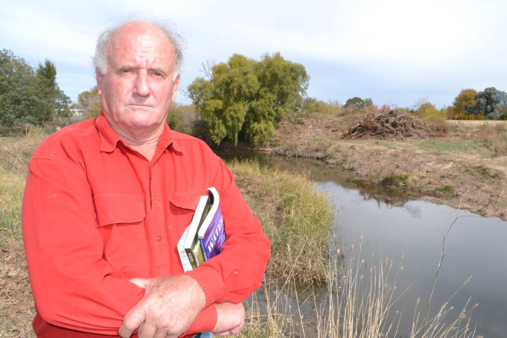 VANDALISM: Author and environmentalist Peter Andrews looks over some of the piles of willow on the banks of the Macquarie River. Photo: BRIAN WOOD	 050813river