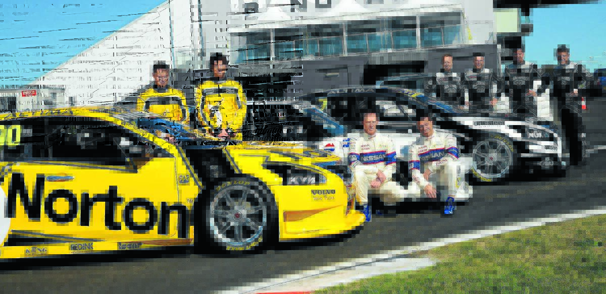 SUIT UP: Nissan drivers Daniel Gaunt and Michael Caruso (centre) will wear retro-inspired race suits this weekend. Along with their team-mates James Moffat and Taz Douglas (left) and Karl Reindler, David Russell, Rick Kelly and Todd Kelly, they will be  looking to emulate Nissan’s last win in 1992. Photo: PHILL MURRAY	100913pnissan