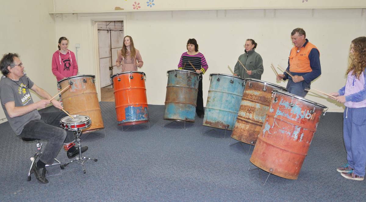 FORBES: Peter Kennard (left) leads the first Drumming Up Country workshop recently.