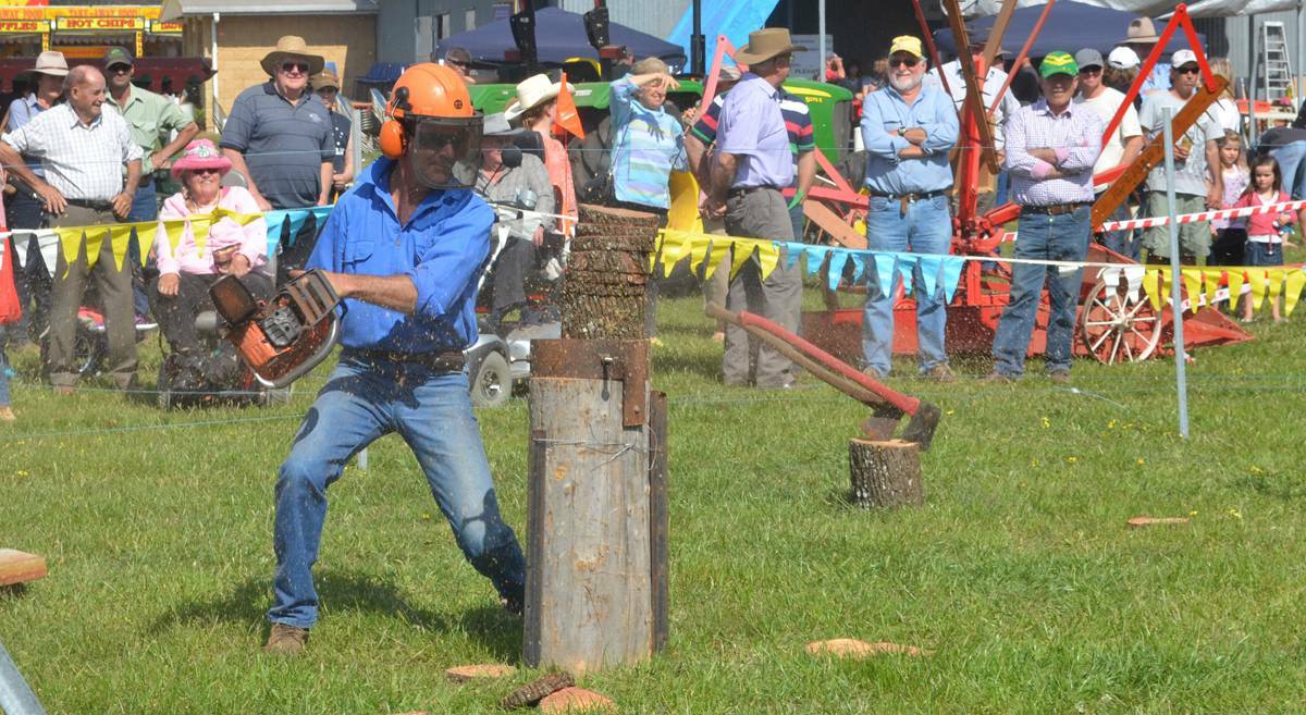 Tony Harvey shows his chainsaw skills in the farmer challenge event at Eugowra Show.