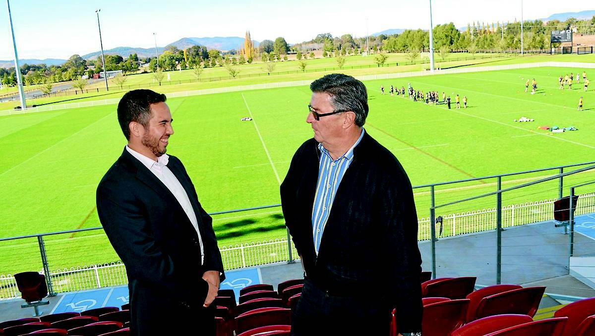 MUDGEE: Parramatta Eels general manager Adam Thompson and Mid-Western Regional Council mayor Des Kennedy share a laugh during the Eels’ visit to inspect the Glen Willow facilities. Photo: BEN HARRIS