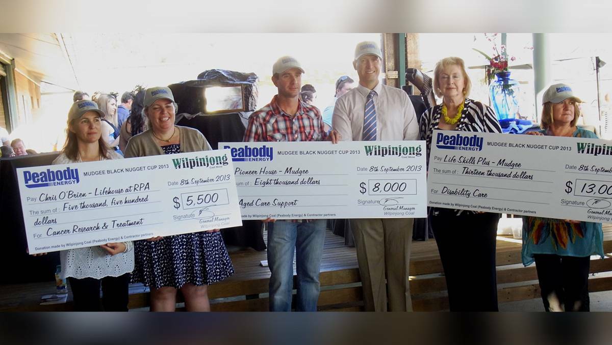 MUDGEE: Jenny Seccombe, Vicki Seccombe, Julian Geddes, Jamie Lees, Carolyn Peak, Sue Nelson at the presentation of donations from this year’s Peabody Energy Black Nugget Cup.