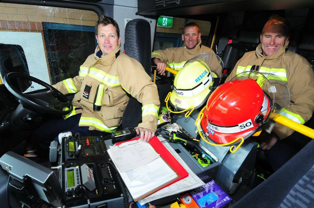 Dubbo Fire and Rescue NSW qualified firefighter Brendan Young and senior firefighters Phil Barrett and Brett Slavin urge the community to be careful about safe storage of fuel in light of a recent incident. Photos: LOUISE DONGES