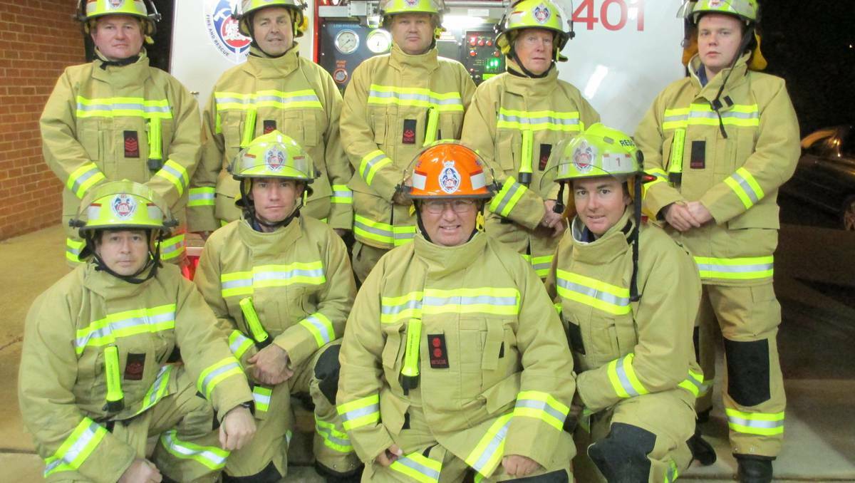 NARROMINE: New state-of-the-art firefighting uniforms that will better protect Fire & Rescue NSW (FRNSW) firefighters from heat and flames. Pictured here are Don Cross, Pete Treseder, Lynden Davis, Bob Davis, Lucas Walsh, (front) Tony Coen, Jason Poulson, Captain Ewen Jones and Brett Smyth.
