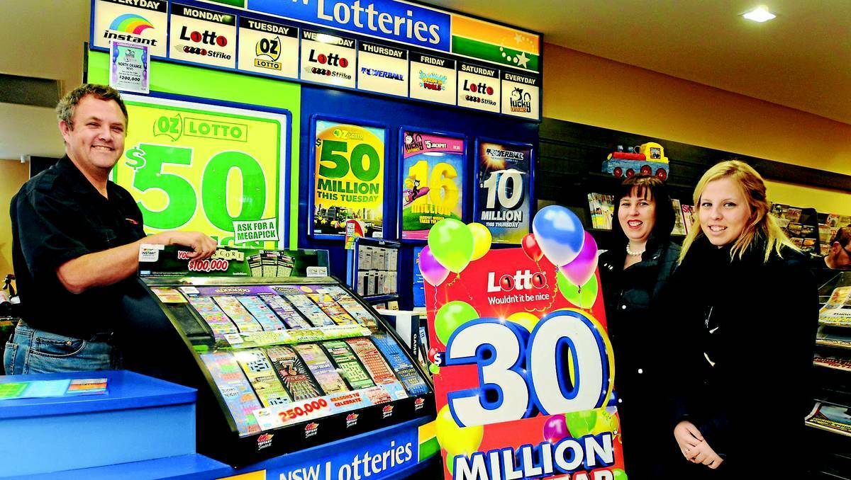 ORANGE: North Orange Newsagency owner Peter Minogue, with Kylie and Laura Lewis-Minogue, says it’s great to know he sold a winning Lotto ticket. Photo: STEVE GOSCH