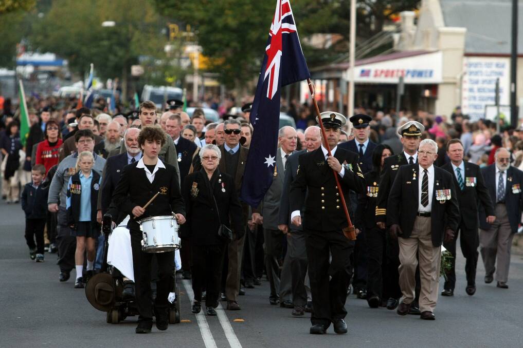 Anzac march down Argyle St, Picton, NSW. 