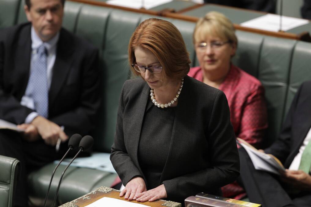 An emotional Prime Minister Julia Gillard introduced legislation to partially fund DisabilityCare in Parliament House Canberra. Photo: Andrew Meares