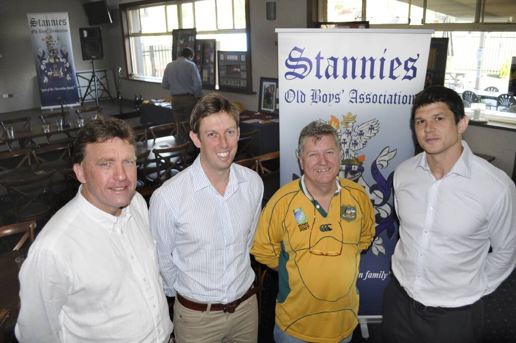 Geoff Melville, Tim Leahy, Lachlan Sullivan and Tom Carter at Stannies' Olds Boys' rugby celebration.
