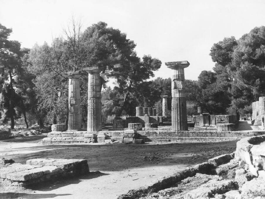 Circa 1980: The Heraeum, a temple of Hera at Olympia, probably the earliest Doric building known, in which stood the table where the garlands prepared for the victors in the Olympic games were placed. Photo: Getty Images