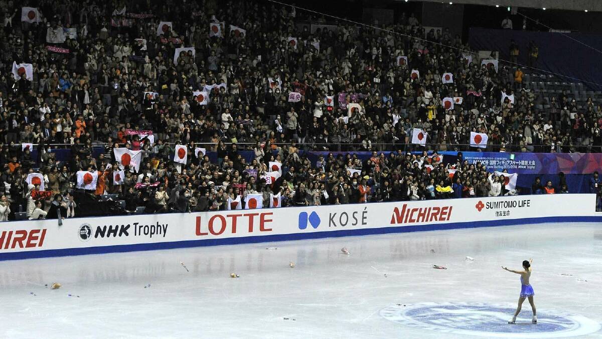 Mao Asada of Japan waves to fans during day one of ISU Grand Prix of Figure Skating 2013/2014 NHK Trophy at Yoyogi National Gymnasium. Picture: Getty Images