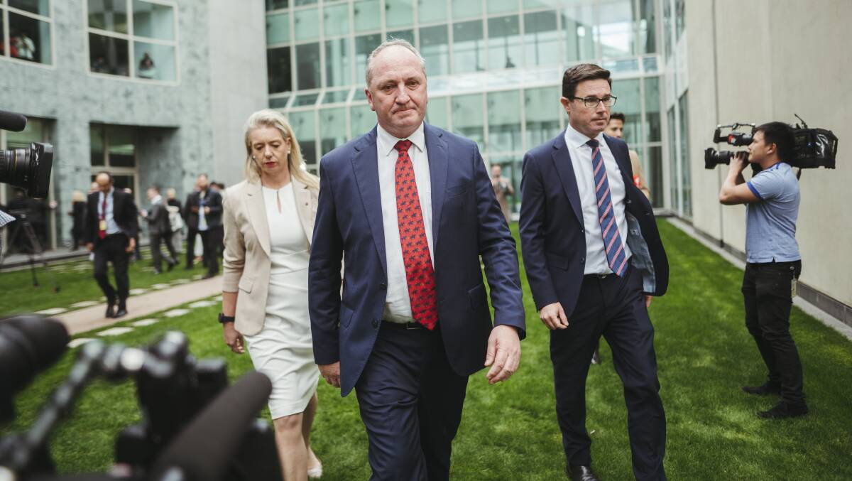 New Nationals leader Barnaby Joyce, with Senator Bridget McKenzie, and deputy David Littleproud. Picture: Dion Georgopoulos 