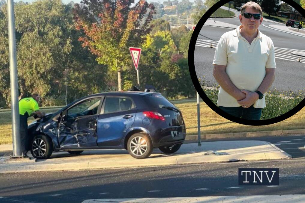 Owner of Steve's Quality Meats, Steve Hill, has growing concerns regarding the number of accidents at the Bradwardine Road and Suttor Street roundabout following another crash earlier in March 2024. Picture by Top Notch Video [main], insert by James Arrow.