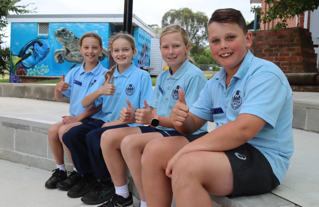 Perthville Public School's leaders Edith Lenehan, Ava Coles, Tayla Bonham and Max White looking forward to the 150-year celebrations. Picture by Amy Rees