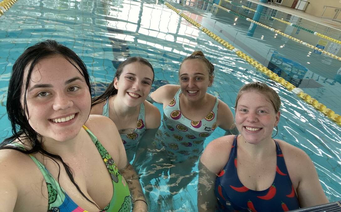 SPLASH THE STIGMA: Brodie Cvitanovic, Taylah Dickinson, Emily-Mae Strickland and Lily Meyer-Gleaves swimming for mental health. Photo: SUPPLIED.