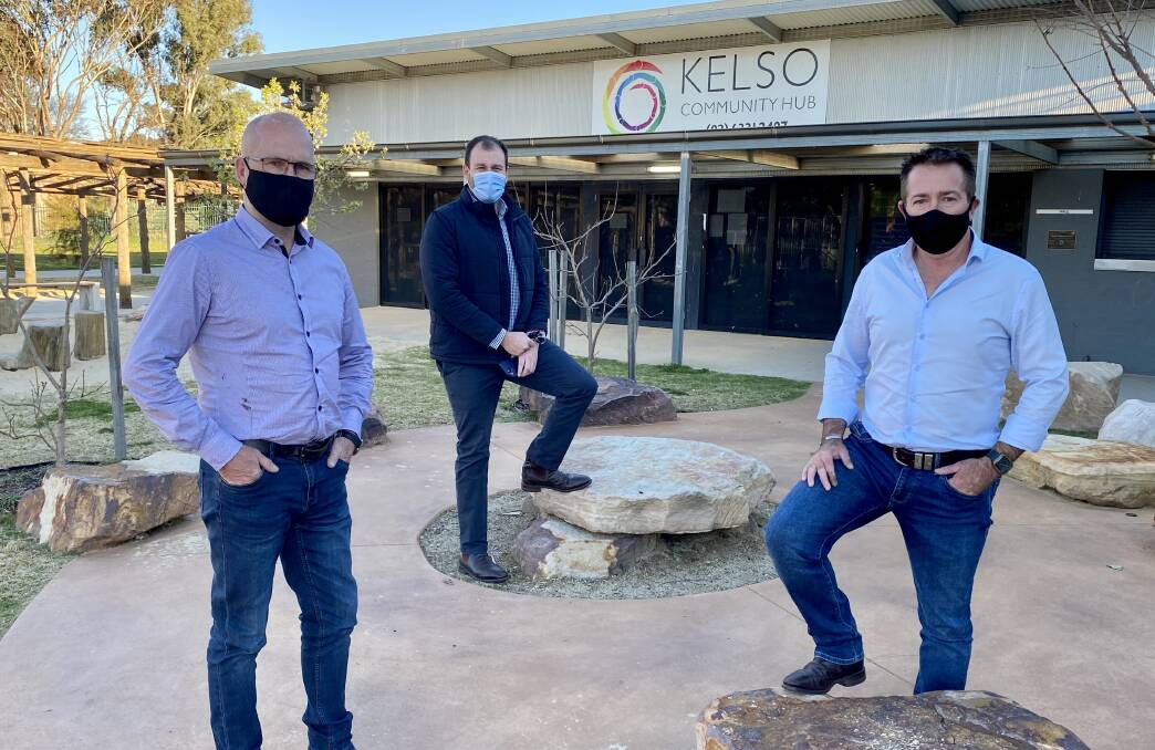 HUB: Mayor Ian North, Sam Farraway MLC and Paul Toole outside the Kelso Community Hub which will be converted into a walk-up COVID-19 Vaccination Centre. 