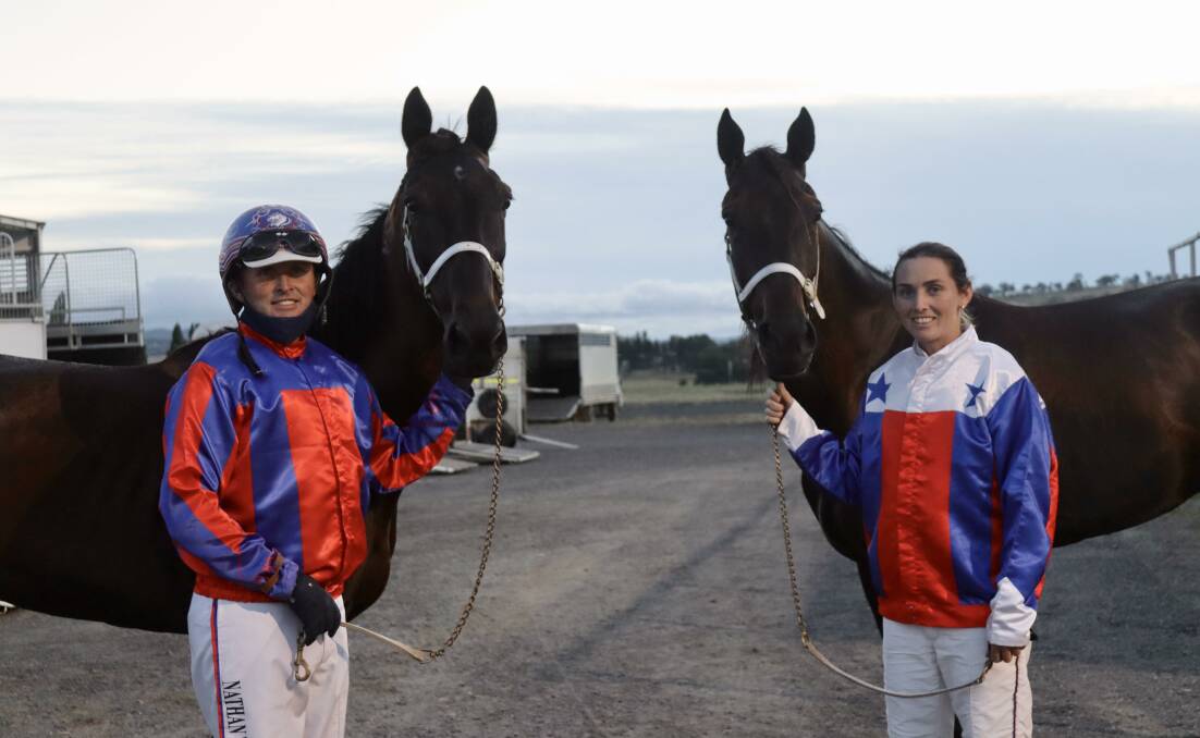 DOUBLE TROUBLE: Stablemates Annie Richter NZ with Nathan Turnbull (left) and Itsallaboutned with Amanda Turnbull (right) after their dead heat.