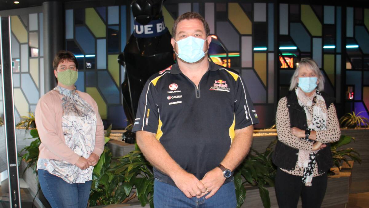 WE'RE BACK: Panthers Bathurst general manager John Fearnley with Narelle Albon and Julie Pearce getting ready to reopen. Photo: AMY REES