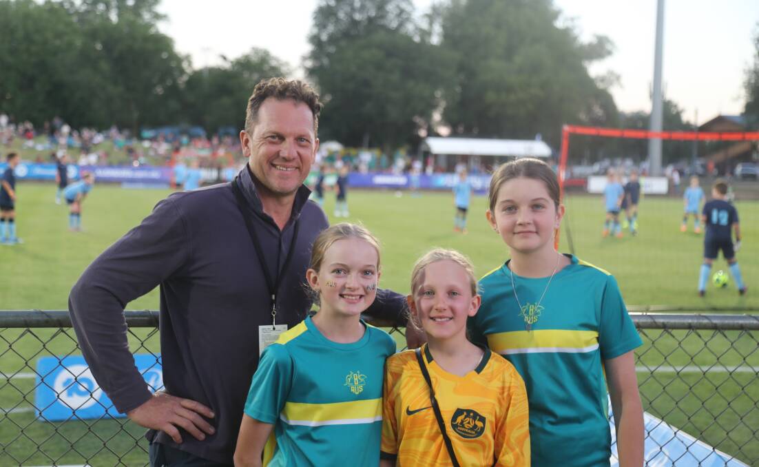 Bathurst mayor Jess Jennings with his daughter and her friends at the Western Sydney Wanderers v Newcastle Jets game at Carrington Park, Bathurst on February 9, 2024.