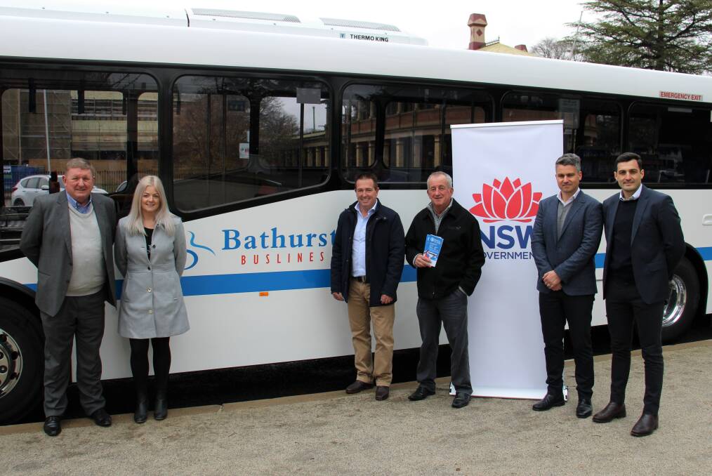 NEED A LIFT: Michelle McGrath, Geoff Ferris, Anthony D'Apuzzo and David D'Apuzzu joined Paul Toole and Bobby Bourke in welcoming 500 new bus services to Bathurst. Photo: AMY REES