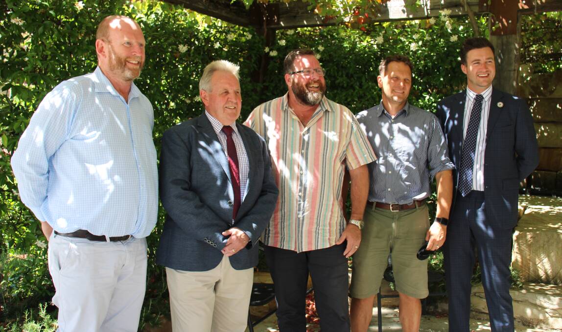 HAVE A LAUGH: Comedian Shane Jacobson with councillor Andrew Smith, mayor Robert Taylor, councillor Jess Jennings and deputy mayor Ben Fry at the BizMonth lunch. Photo: AMY REES.