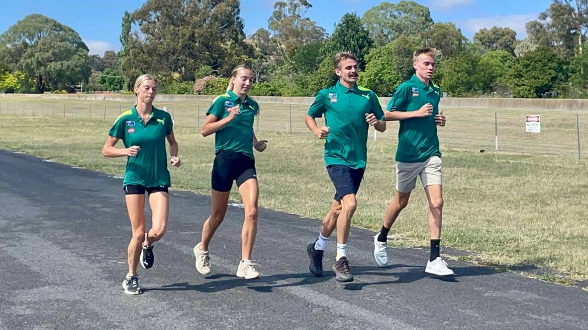 Australian olympians Abbey Caldwell, Rose Davies, Jack Rayner and Stewart McSweyn getting the home-ground advantage ahead of the World Cross Country Championships that will be held in Bathurst. Picture by Amy Rees