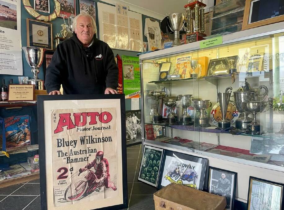 Speedway enthusiast and Bluey Wilkinson fan Ash Suttor with his large collection of memorabilia. Photo: AMY REES