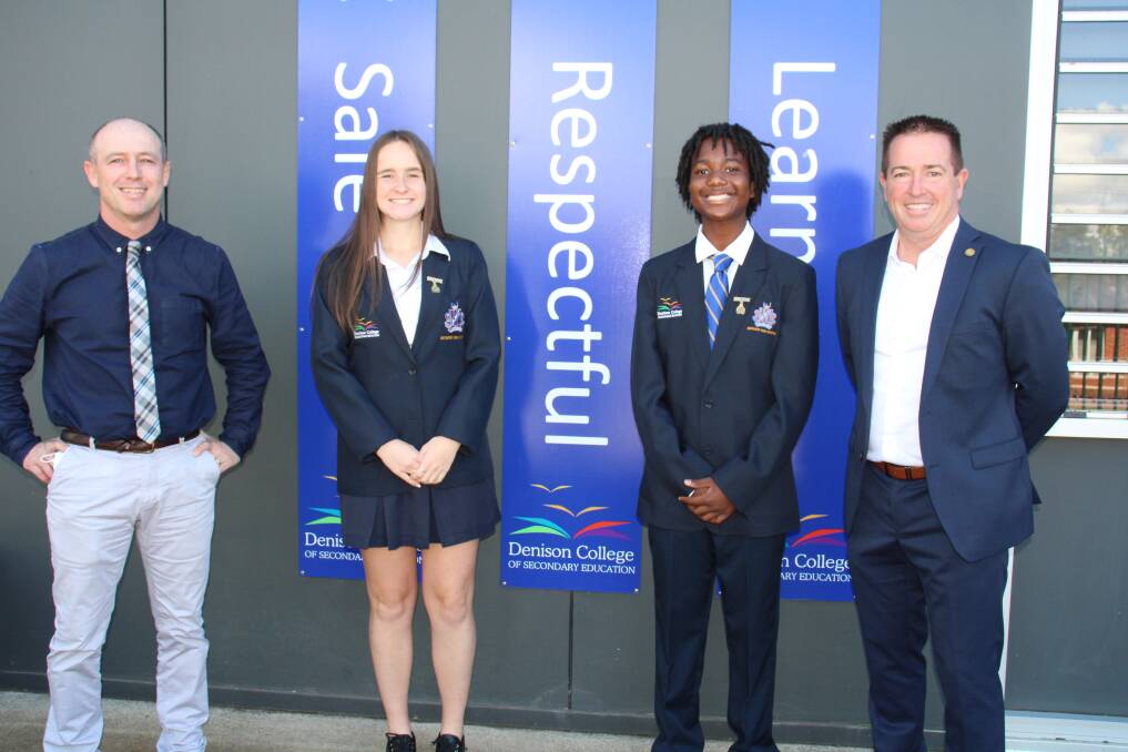 THE FUTURE: Bathurst High Campus principal Ken Barwick with 2022 school captains Menzi White and Michael Murimbechi and Deputy Premier Paul Toole. Photo: AMY REES.