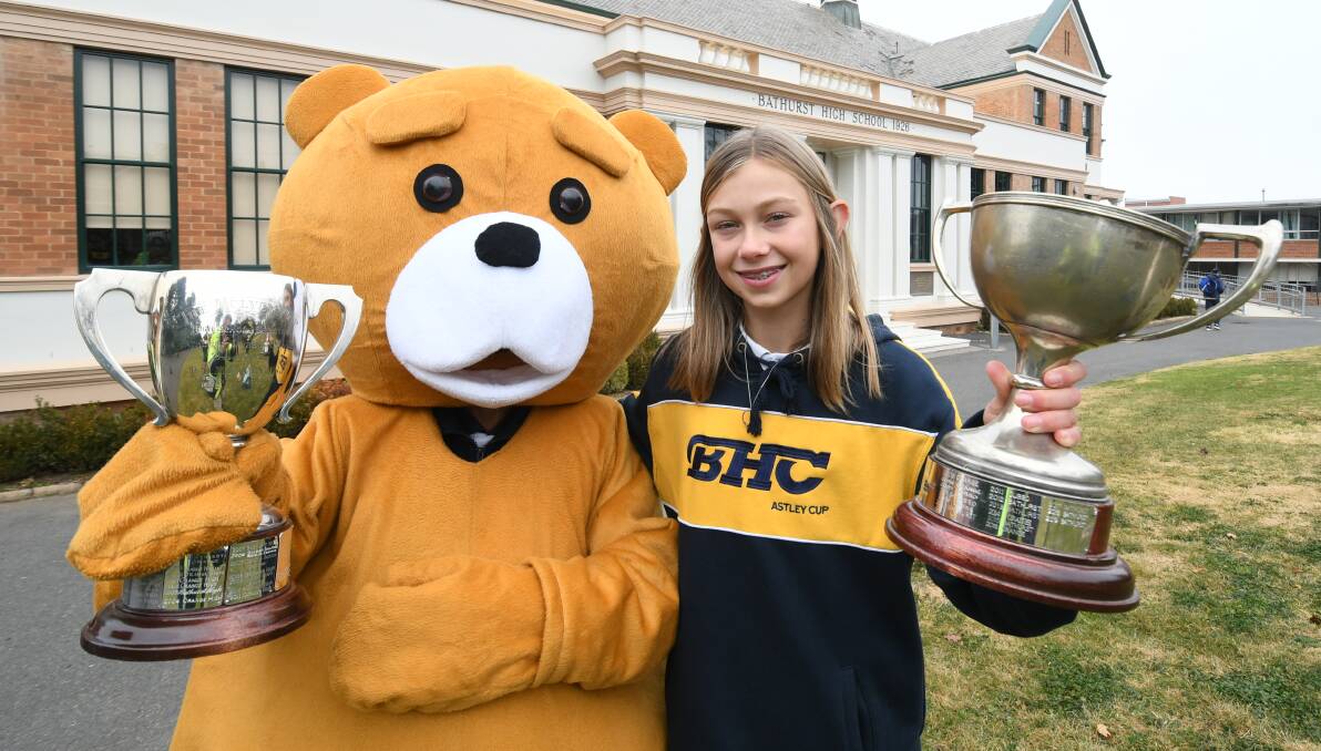 DEFENDING CHAMP: Bathurst High mascot 'Frosty' and Matilda Stafford holding the Astley and Mulvey Cups. Photo: CHRIS SEABROOK 