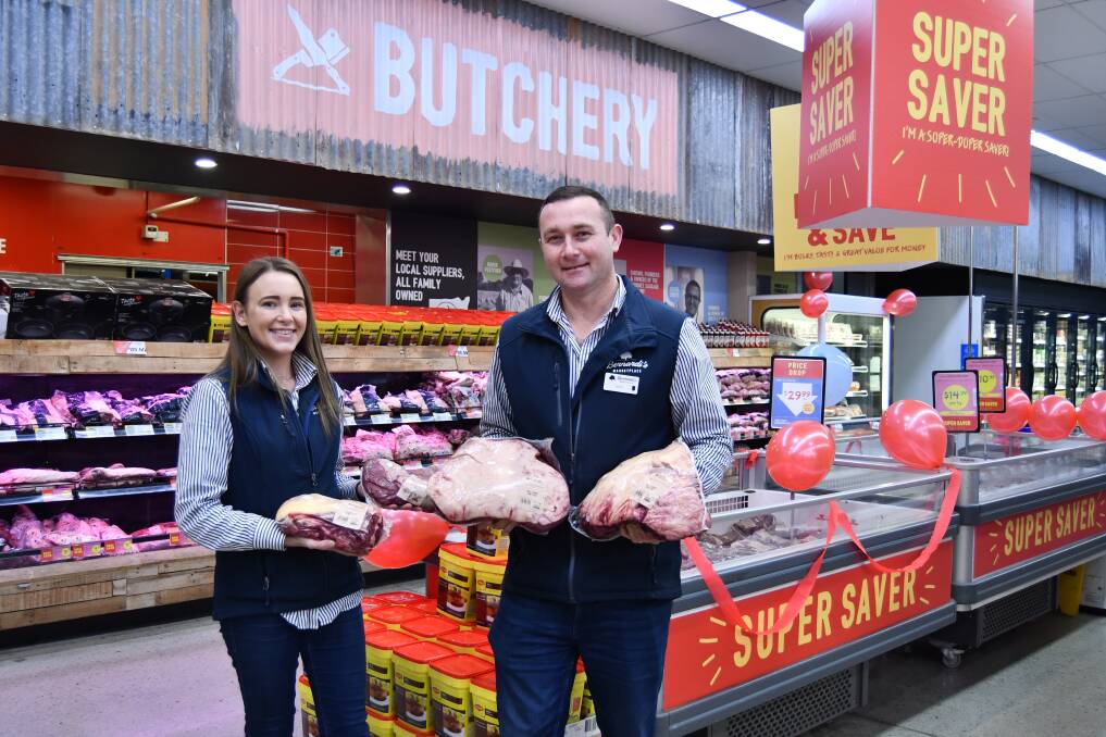 Bernardi's Bathurst's Melinda Bird and Aaron Randal stocking the shelves with meat products. Picture: Amy Rees