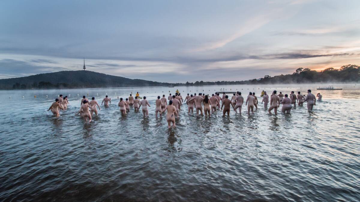 Canberrans braved this very chilly Winter to plunge into freezing cold water for the 2021 Winter Solstice nude charity swim. Picture: Karleen Minney