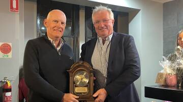 Gareth Rogers,  Braeside, Winton receives the Duri Ag Bureau's Richard Bowler Farming Excellence award from Gordon Brownhill, Merrilong, Spring Ridge. Pictures by Simon Chamberlain