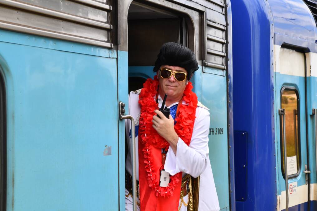 An Elvis conductor aboard the Elvis Express in Orange ahead of 2023 Parkes Elvis Festival. Picture by Carla Freedman. 