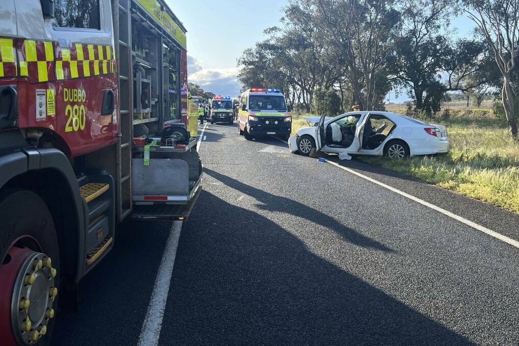 Fatal car crash on Mitchell Highway near Geurie north of Orange NSW on October 2, 2022. NSW Police and Fire at the scene. 