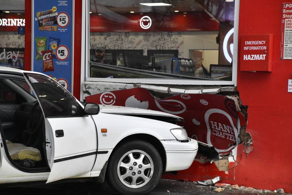 Toyota Camry crashes into United Petroleum fuel station in Orange, NSW. Picture by Carla Freedman.
