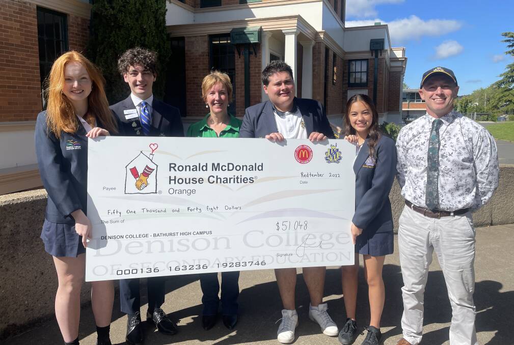 Bathurst High student leaders Ava Meares, Harvey Lew, Lachlan Gillespie and Brianna Muldoon with the Executive officer for Ronald McDonald House Charities Central West Rebecca Walsh and Bathurst High principal Ken Barwick. Picture by Alise McIntosh