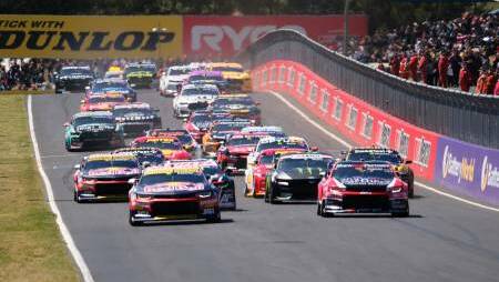 Supercars on Mount Panorama's Pit Straight during the Bathurst 1000 on October 8, 2023. Picture by James Arrow