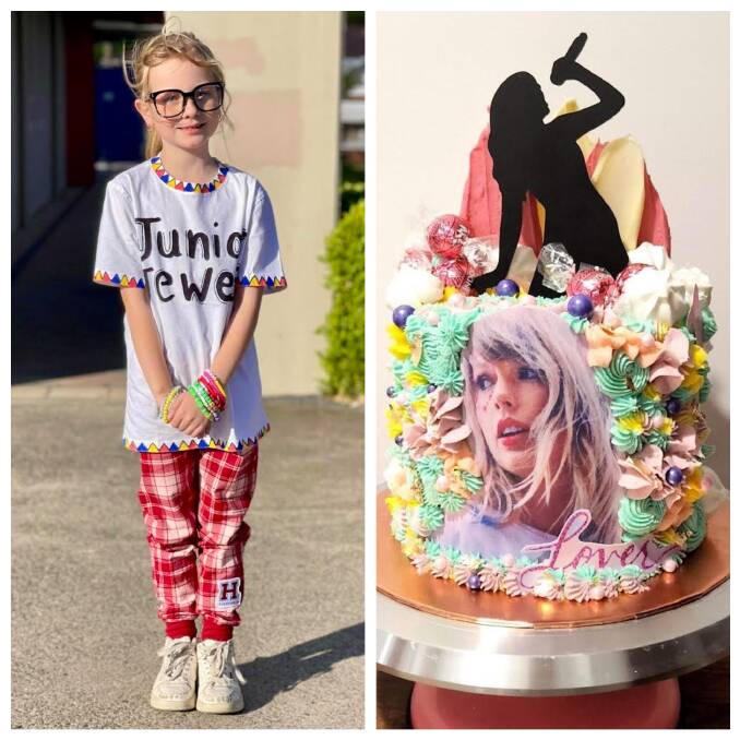 Ava Staff in the Junior Jewels outfit she wore to the premiere of The Eras Tour Concert Film, and her Taylor Swift themed birthday cake. Pictures supplied