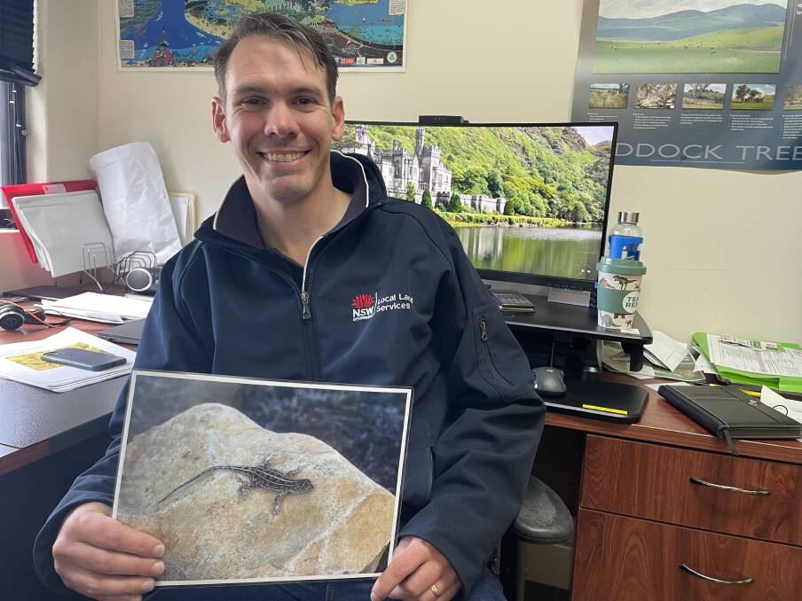 Senior officer with the Central Tablelands Local Land Services Allan Wray holding a picture of the Bathurst Grasslands Earless Dragon. Picture by Alise McIntosh
