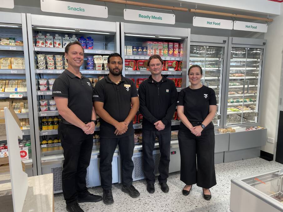 7-Eleven area lead north Jeff Yerbury with store manager Vikas Panwar, field manager Dario Petrinic and field team lead Paige Fentiman inside the West Bathurst 7-Eleven store. Picture by Alise McIntosh