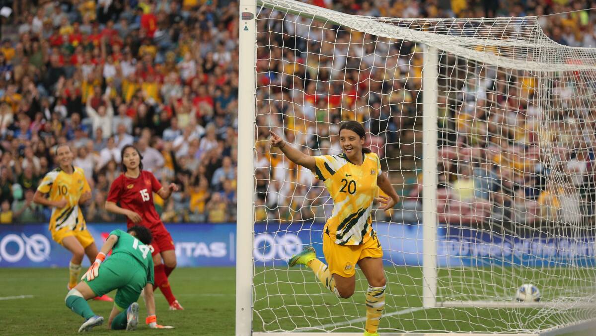 Matildas captain Sam Kerr of Australia celebrates a opening goal in 2020. Picture by Max Mason-Hubers 