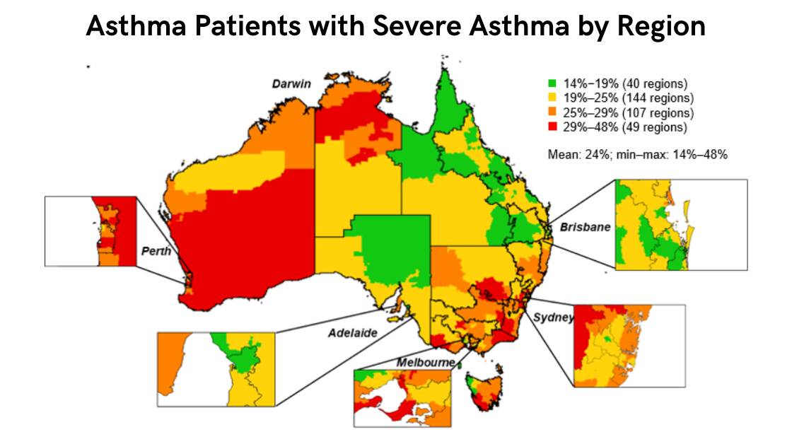 Heat map of asthma patients with severe asthma by region. Picture credit Professor Peter Wark, National Asthma Council Australia Director