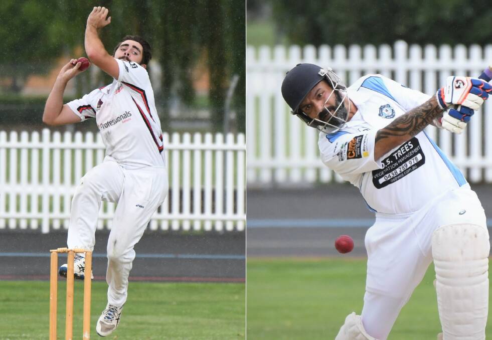 RAIN AFFECTED: Bathurst City bowler Ollie Simpson and City Colts veteran Russell Gardner were able to play out their Bathurst Orange Inter District Cricket match on Saturday. Photo: CHRIS SEABROOK
